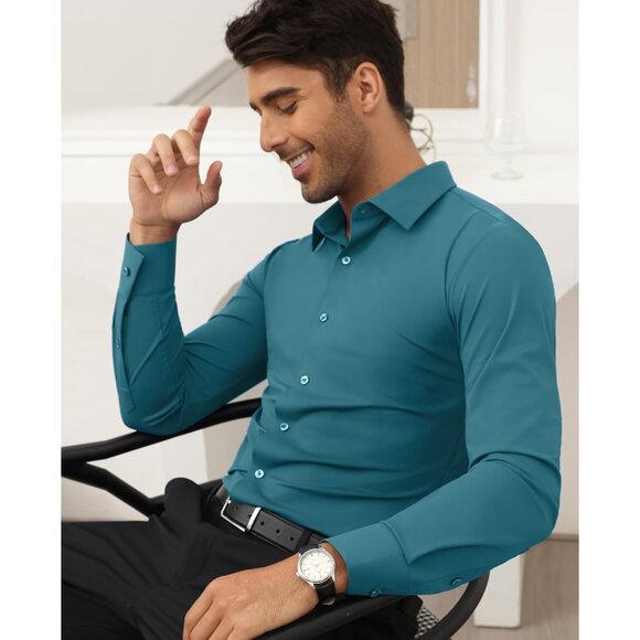 Men's Turquoise Long Sleeve Slim Muscle Fit Wrinkle Free Button Down Dress Shirt - Picture 5 of 9